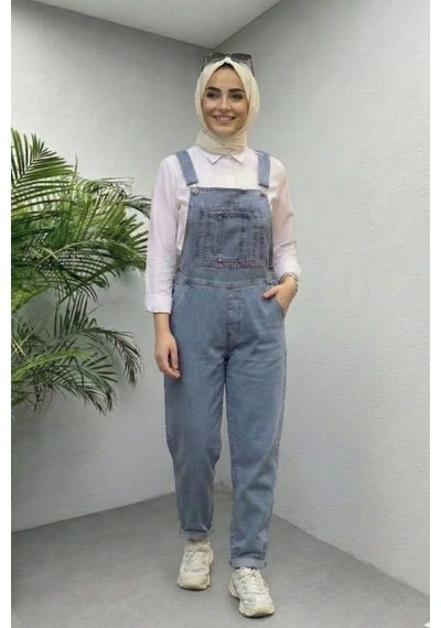 Hb Harma Time Butik Kadın Askılı Cep Detaylı Kot Mavi Tulum