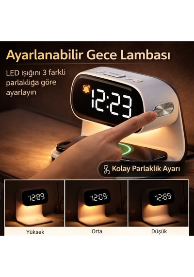 Polham 15w Kablosuz Şarjlı Led Masa Lambası Saat Alarm Özellikli Dijital Saat Gece Lambası Led Ekran Beyaz
