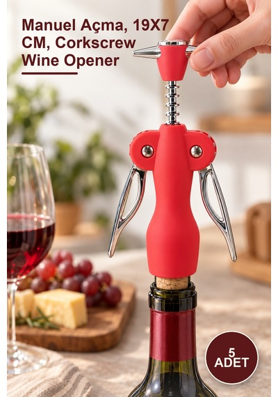 5 Adet Paslanmaz Çelik Tirbuşon Şarap Açacağı Alk20 Manuel Açma, 19x7 Cm, Corkscrew Wine Opener
