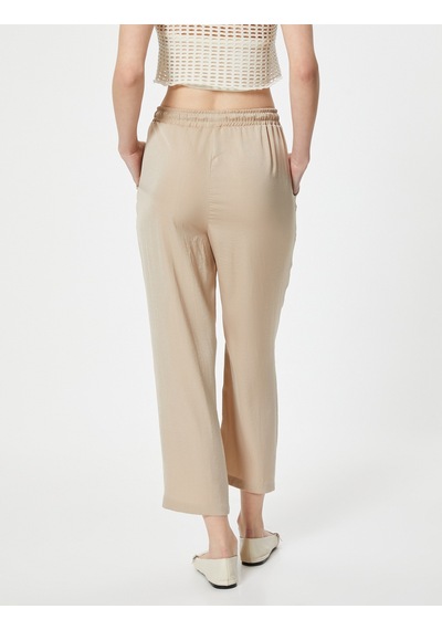 Koton Crop Paça Pantolon Beli Bağlamalı Cepli Bej 4sak40112pw Ekru