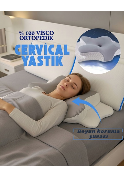 Simple The Pillow Queen Servikal Visco Yastık Mega Boy Ortopedik Boyun Yastığı Memory Foam Hafızalı Lüks Yastık Açık Gri