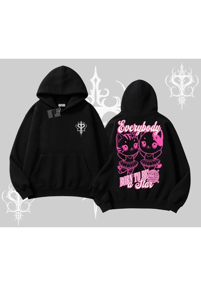 Startmore Born To Be A Star Yazılı Sevimli Kedi Arka Baskılı Kapşonlu Sweatshirt Siyah