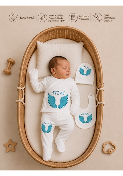 Pia Baby İsme Özel Erkek Bebek Hastane Çıkışı 6 Parça Zıbın Seti %100 Pamuk Organik Baskılı Battaniyeli 2017bzyx Krem
