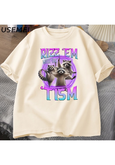 Flood Of Style Rizz Em Tism Rakun T-shirt Çöp Panda Komik Grafik T Shirt Erkekler Komik Pamuk Kısa Kollu Har Haki