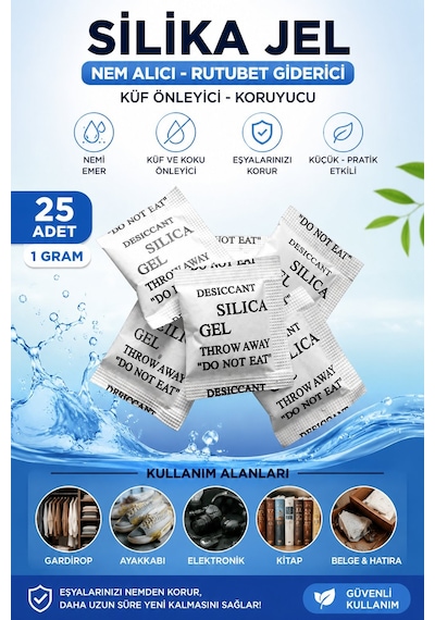 25 Adet 1 Gr Silika Jel Nem Alıcı Paket Rutubet Giderici Küf Önleyici Desikant