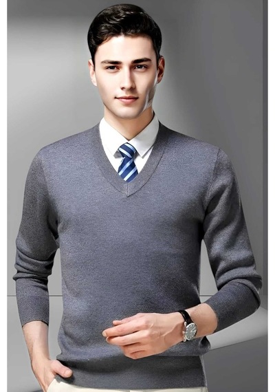 Tezzgelsin Erkek V Yaka Uzun Kol Triko Tüylenmez Süveter Erkek Slim Fit Süveter Füme