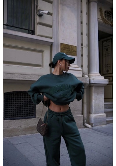 Defymoda Bisiklet Yaka Nakış İşlemeli Üç İplik Sweat Takım - Yeşil Yeşil