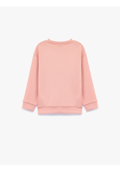 Koton Viskon Karışımlı Bisiklet Yaka Uzun Kollu Baskılı Sweatshirt Pembe 7wmg10049ak Gül