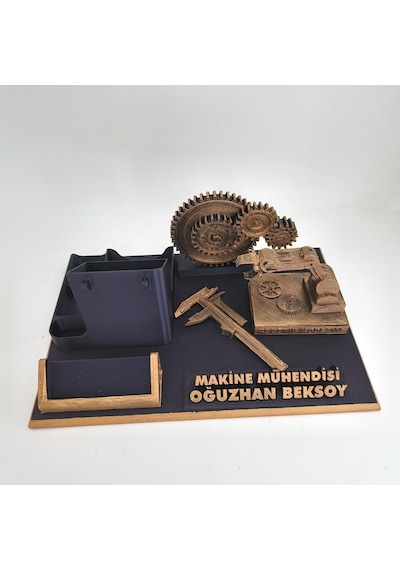 Kişiye Özel Makine Mühendisi Masa İsimliği Ve Kartvizitlik Gold - Siyah