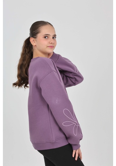 Toontoy Kız Çocuk Relax Fit Bisiklet Yaka Düşük Omuz Sweatshirt Mor