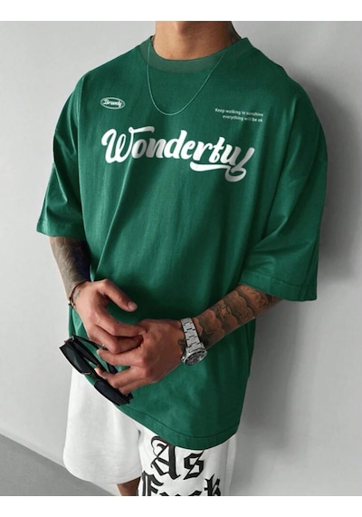 Oversize Kalıp %100 Pamuk Tshırt Wonderful Yesıl