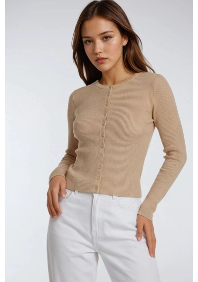Hiccup Mixray Düğmeli Slim Fit Yivli Örgü Hırka Taba Doğal