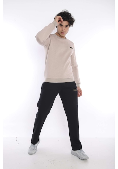 Escetic Erkek Spor Bej Kışlık Sweatshirt Takım, 3 İplik (İçi Şardonlu) Ku Bej