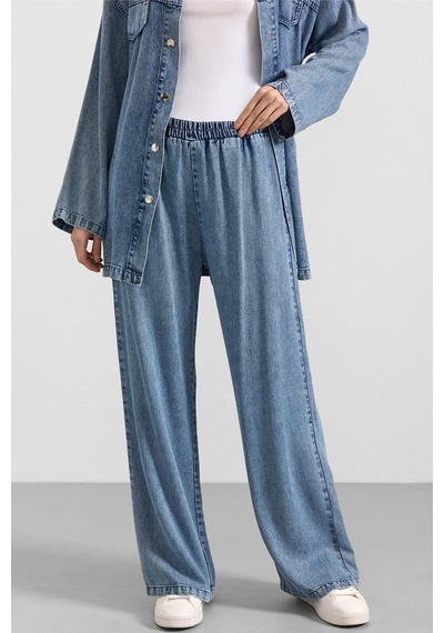 Olcay Çıt Çıt Kapamalı Soft Denim Ceket Pantolon İkili Takım Mavi 9398-tk