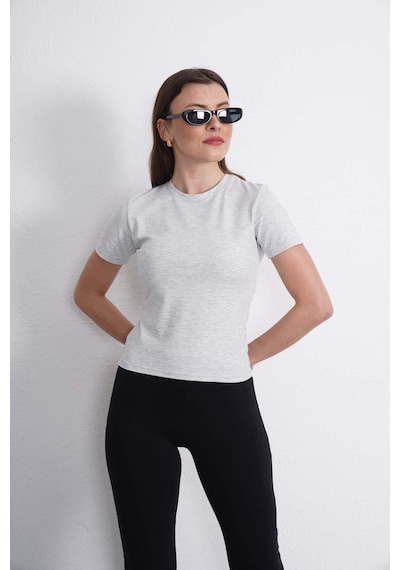 Crop Slim Fit Pamuk Likra Tişört-kar Melanj Kar Melanj