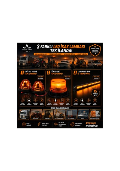 3 Lü Set 120 Cm Bar Led - Kristal Yıldız Lamba- Döner Tepe Lamba 12v 24v Profesyonel Led İkaz Lambası