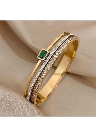 Zümrüt Gold Crystal Zirkon Taşlı Kelepçe Bileklik Gümüş - Altın