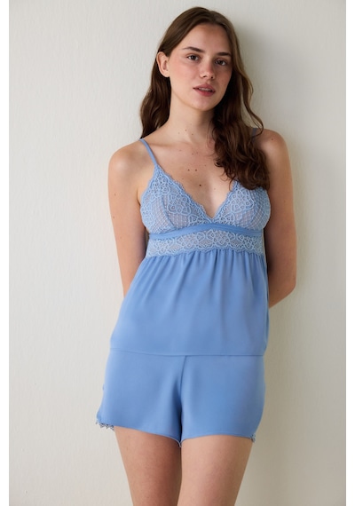 Penti Mavi Luna Dantelli Saten Şort Pijama Altı