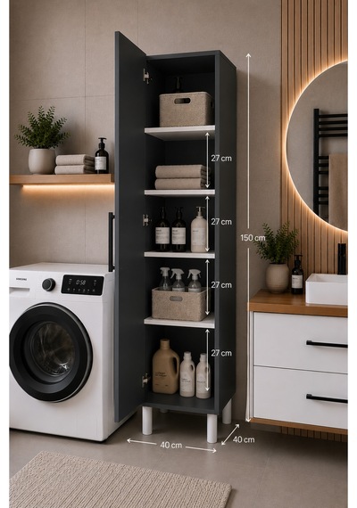 Antrasit 5 Bölmeli Banyo Dolabı - Çok Amaçlı Banyo Dolabı Siyah Antrasit 5 Bölmeli Banyo Dolabı - Çok Amaçlı Banyo Dolabı Siyah