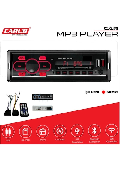 Oto Teyp-radyo Aux/bluetooth/mp3/sd Kart/usb X 2 Şarj Uzaktan Kumandalı Kırmızı Işıklı