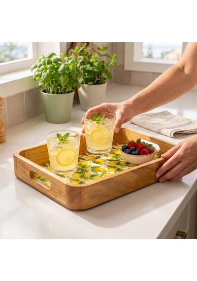 Mango Ağacı Dikdörtgen Servis Tepsisi, 33 X 22 X 4,70 Cm Limon Desenli Ahşap Sunum Tepsisi, Yüksek Kenarlı Kahvalt