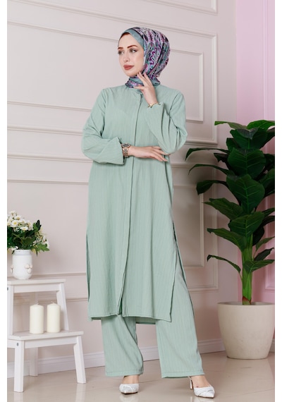 Sevitli Yırtmaç Detaylı Tunik Pantolon Takım-mint Yeşili-4862