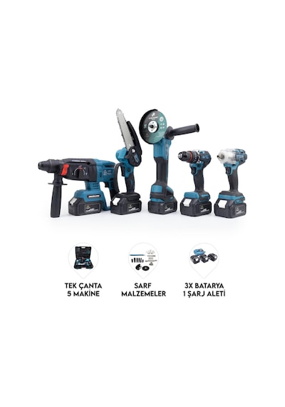 Chelikbei Beşli Set MK350 Budama Testeresi 13MM Çelik Mandren + Somun Sıkma + Şarjlı Spiral + Şarjlı Hilti