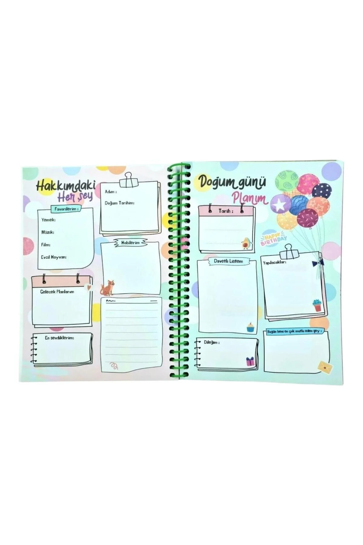 Zamansız Haftalık Ajanda Planlayıcı, Resimli, Spiralli, Sticker'lı Planlayıcı Ajanda Çok Renkli