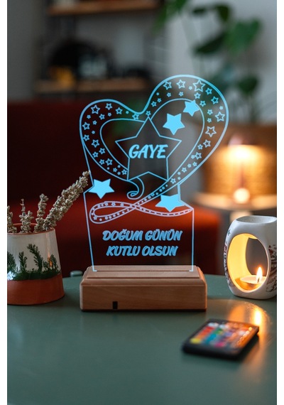 Kişiye Özel Doğum Günü Hediyesi Kalp Ve Yıldızlar 3D Led Lamba