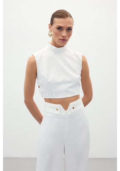 Sateen Çıt Çıt Detaylı Crop Bluz - Ekru-134919 Ekru