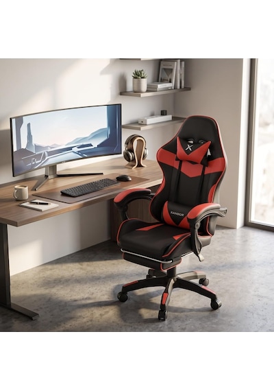 Xandor Xg300 Oyuncu Koltuğu Ayak Dayamalı Gaming Koltuk Çift Renk Deri 135 Yatabilen Boyun Bel Yastıklı Bilgisayar Sandalyesi - Kırmızı Çok Renkli