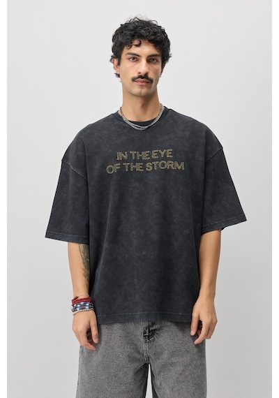 Vamos Oversize Baskılı Tişört V70-184 Siyah