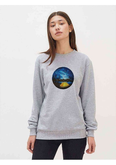 Watercolor Camp Night Day Baskılı Gri Kadın Sweatshirt