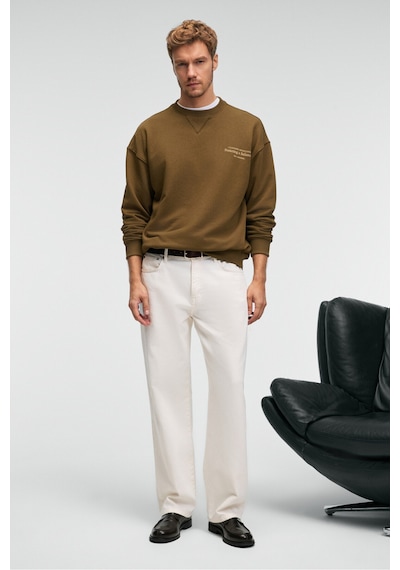 Grımelange CASPIAN Erkek %100 Pamuk Bisiklet Yaka Karyoka Dikişli Baskılı Haki Sweatshirt