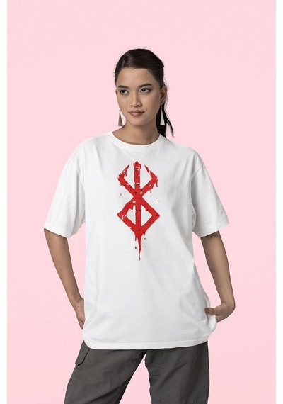 Berserk Logo Baskılı Unisex Tişört, Oversize Anime Dizi Baskılı T Beyaz