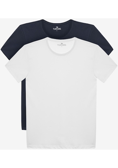 Tudors Unisex 2'li Paket Beyaz-lacivert Slim Fit Dar Kesim %100 Pamuk Bisiklet Yaka Tişört-31311 Multi Çok Renkli