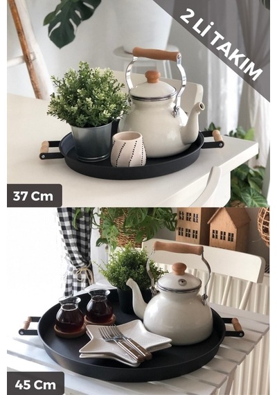 2'li Ahşap Kulplu 45 Cm Metal Tepsi Ve 37 Cm Siyah Tepsi Çay Kahve Sunum Tepsisi Siyah
