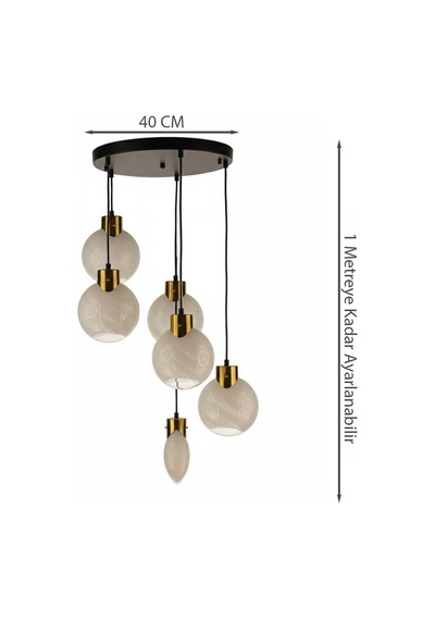 Premium Ebru Efektli Küre Camlı Gold Detaylı 5'li Takım Modern Avize
