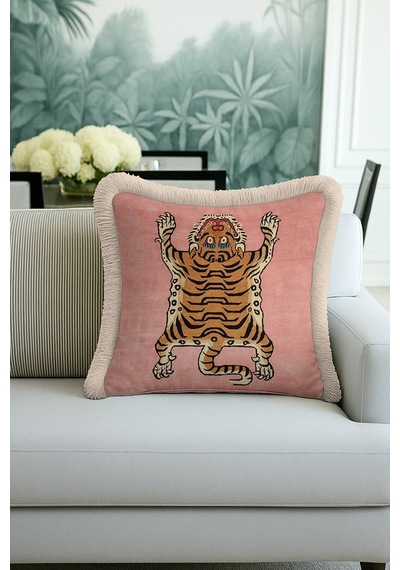 Pembe Zeminde Lüks Kaplan Figürlü Saçaklı Yastık Kılıfı - Bohem Pudra Gold Püsküllü Kırlent Kılıfı Pastel Orman Kireçtaşı Pembe Zeminde Lüks Kaplan Figürlü Saçaklı Yastık Kılıfı - Bohem Pudra Gold Püsküllü Kırlent Kılıfı Pastel Orman Kireçtaşı