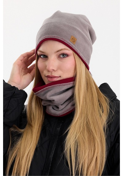 Butikgiz Kadın Dış Kısım Polar, İç Kısım Kaşkorse Pamuklu, Çift Renk, Çift Kat, Katlanabilir Bere Boyunluk Set Gri-bordo