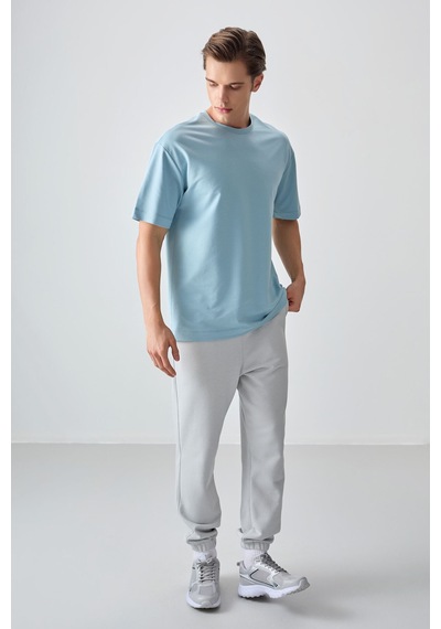 Air Jones Tommy Life Açık Mavi Pamuklu Kalın Yumuşak Dokulu Oversize Fit Basic Erkek T-shirt - 88377 Açik Mavi
