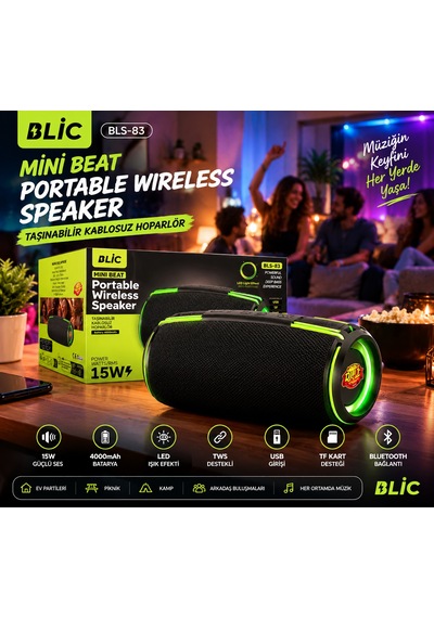 Blic Bls-83 15w Bluetooth Hoparlör, Rgb Led Işıklı, Tws, Usb & Tf Kart, 4000mah, Güçlü Bass-14794
