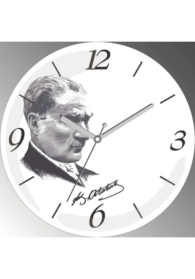 Atatürk Silüet İmza Zemin Beyaz Çap 30cm Sessiz Akar Bombeli Gerçek Cam Duvar Saati Siyah