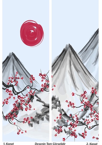 Blossom Japan 2 Desenli Süet Oturma Odası Salon Fon Perde Baskılı Ekstrafor Büzgü 2 Kanat Prd-1107 Çok Renkli
