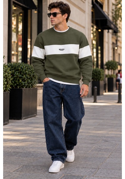 Tarz Cool Erkek Şerit Detaylı Believe Baskılı 3 İplik Şardonlu Bisiklet Yaka Sweatshirt Haki