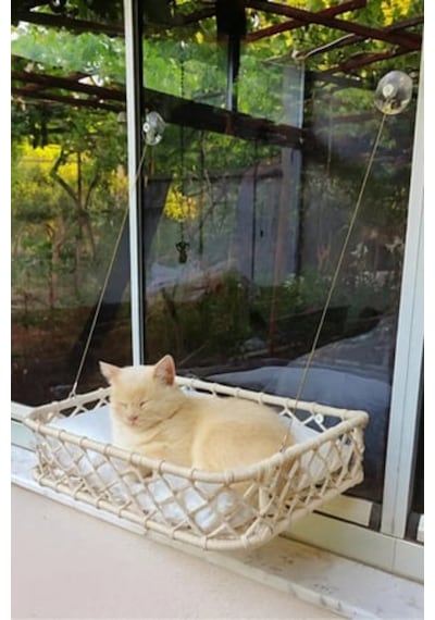 Reyo Tasaryum El İşçiliği Bohem Makrome Kedi Ve Küçük Köpek Cam Hamak Yatağı Güçlü Vantuzlu, Minderli - Krem
