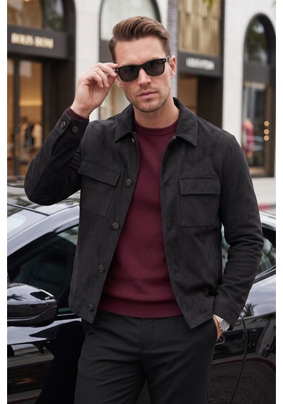 Rizzup Erkek Slim Fit Tüylenmeyen Kırışmayan Siyah Süet Ceket Astarlı Gömlek Yaka 2704503