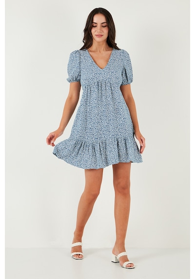 Lela Regular Fit V Yaka Balon Kol Desenli Mini Bayan Elbise 67810045 Indigo