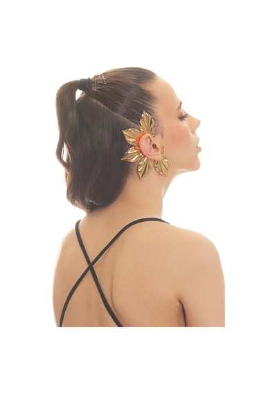 Kadın Altın Renk Lak Kaplama Zirkon Taşlı Yaprak Stilizesi Sağ Kulak Earcuff&kıkırdak Küpe Çok Renkli