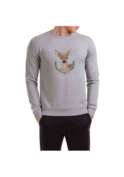 Watercolor Deer Baskılı Gri Erkek Örme Sweatshirt